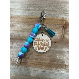 Crazy Plant Lady Teal Silicone Bead Lobster‎ Clasp Keychain Purse Charm Wood